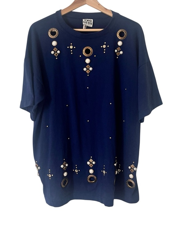 Two Guys Tops - Two Guys Vintage Navy Blue Embellished Metal Grommets T-Shirt Oversized Fit OS
